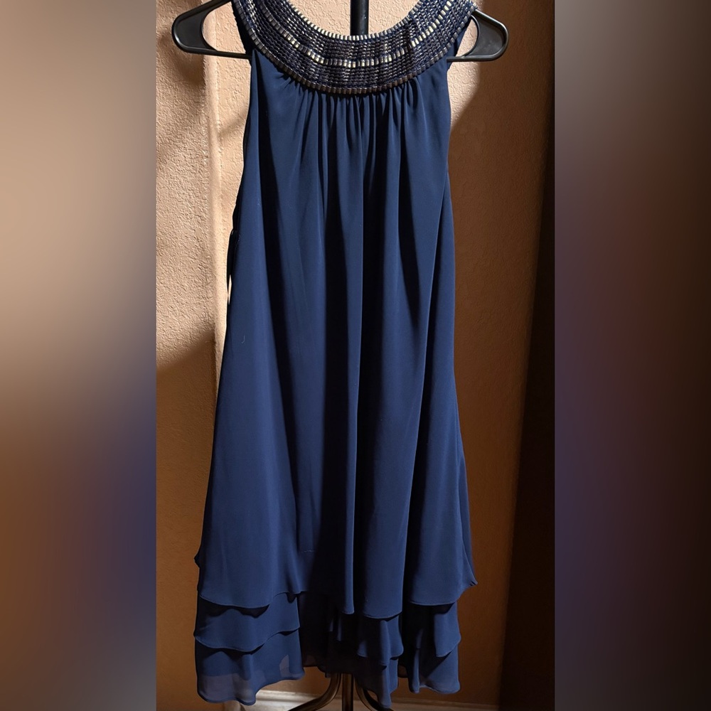 SLNY Navy Blue Maxi Dress with Beaded Neckline